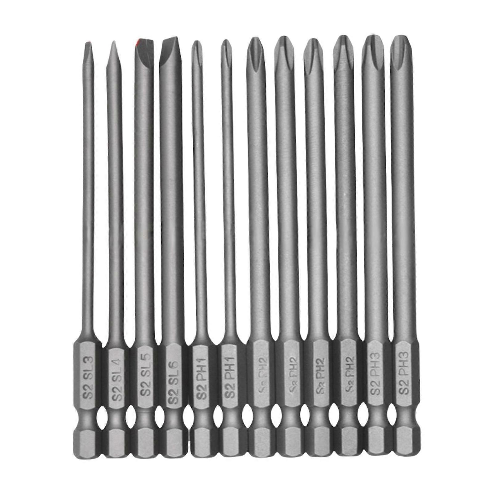 Alloys Steel 100mm Long Screwdriver Bit Set of 12 with Sandblasted Finish Hexagonal Shank for Power Tool Applications