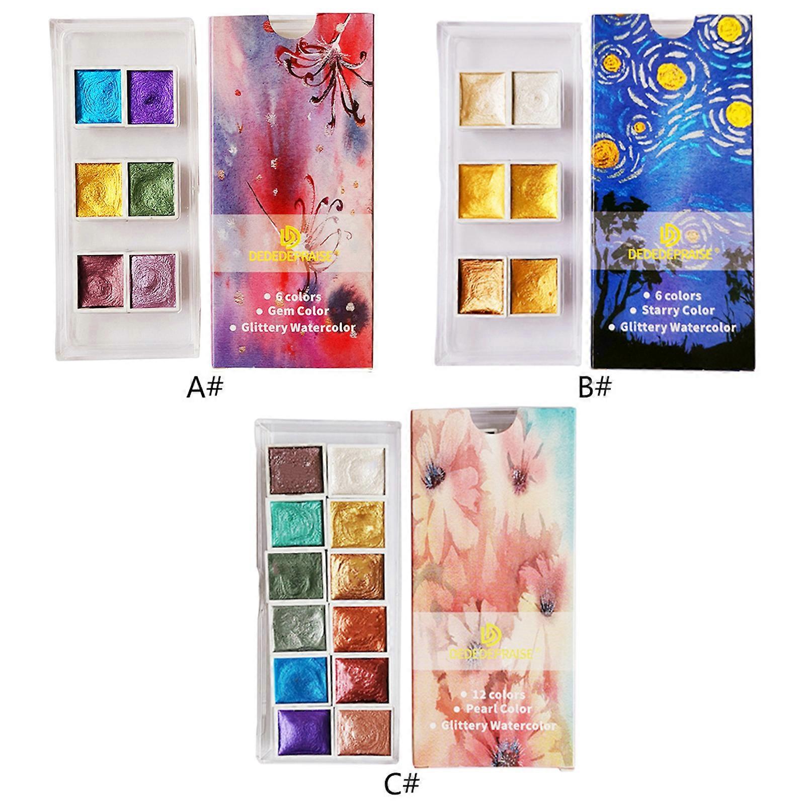 Glitter Pearlescent Watercolor Set Assorted Colors Portable Metallic Solid Paint for Black Paper Drawing Illustrating C