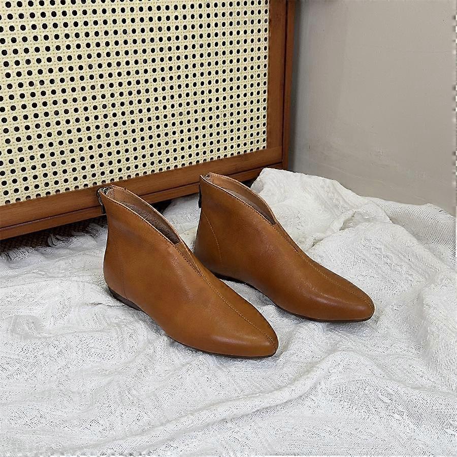 Johnature Retro Pointed Toe Cowhide Short Boots Versatile Genuine Leather Soft Soled Women's Shoes