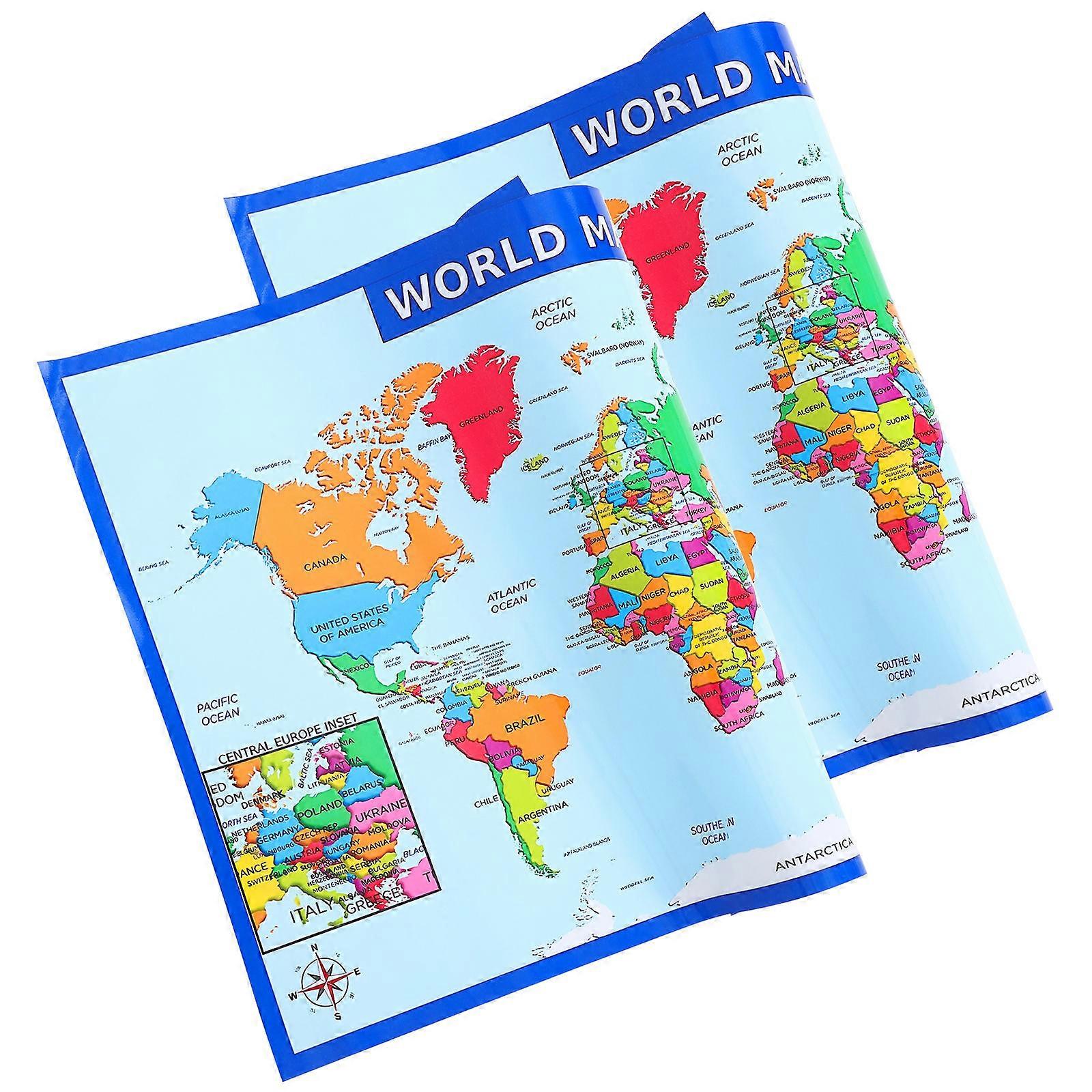 World Map Kids Learning Poster for Home Use 2Pcs Uv Paper Material
