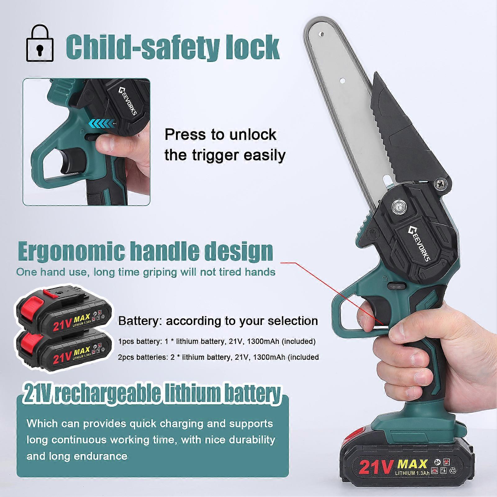 21V 6inch Portable Electric Pruning Saws Rechargeable Small Wood Spliting Chainsaw One-handed Woodworking Tool for Garden Orchard Branch Clip