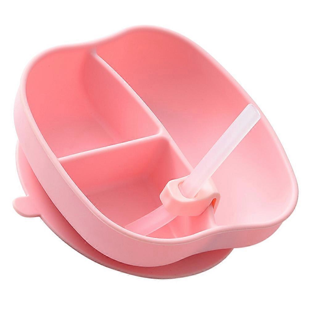 Silicone Toddler Plates Baby Suction Plate Tableware With Straw Pink 16.5X16X5cm Divided Sections 1Set
