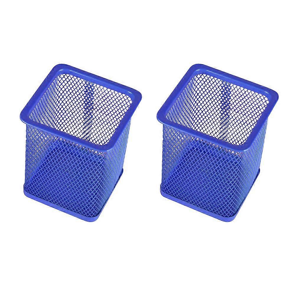 2pcs Metal Pen Pot Square Mesh Pencil Holder Container Organizer (Blue)
