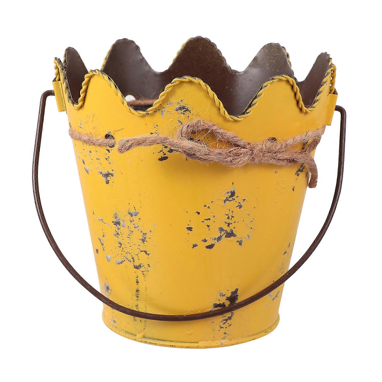 Home Use Iron Planter with Handle Wavy Yellow 1Pcs Mini Flower Bucket