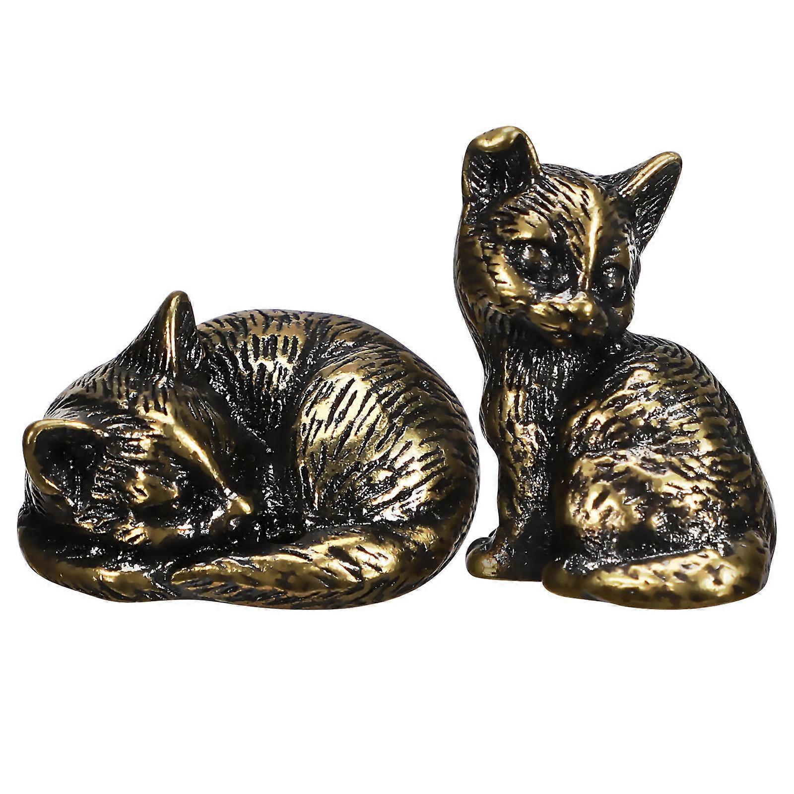 2 Pcs Brass Cat Figurines, Miniature Cat Ornaments for Home or Office Decor, Fine Craftsmanship, Versatile Placement