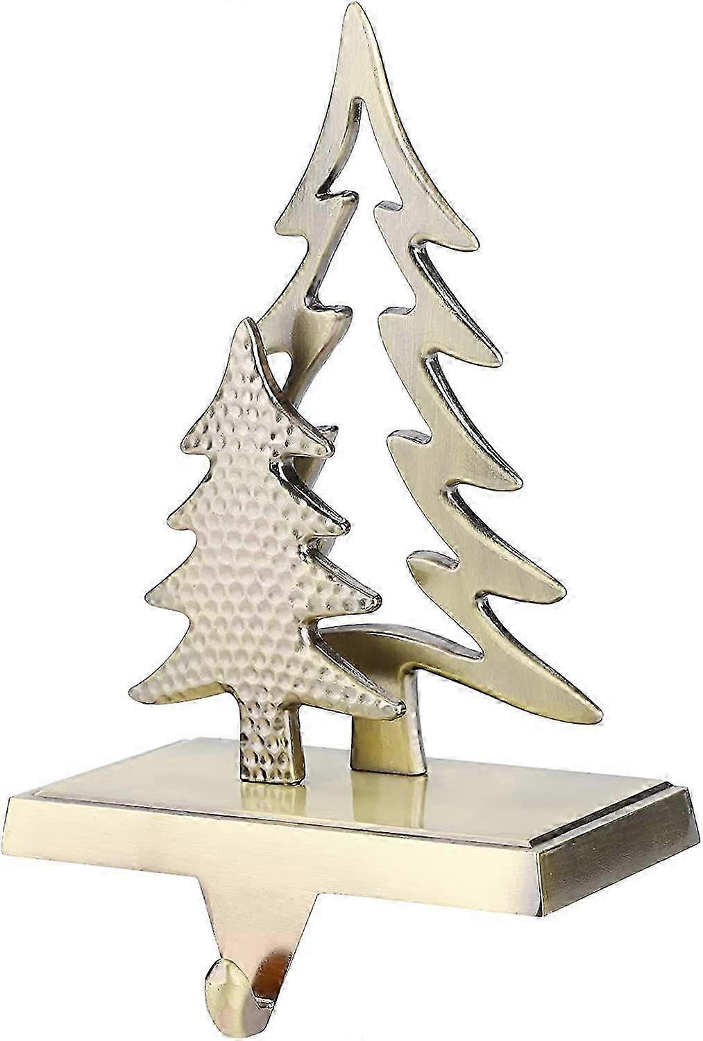 Metal Christmas Stocking Holder Featuring a Christmas Tree and Reindeer Design for Displaying Stockings on Mantel, Fireplace, and Holiday Pa