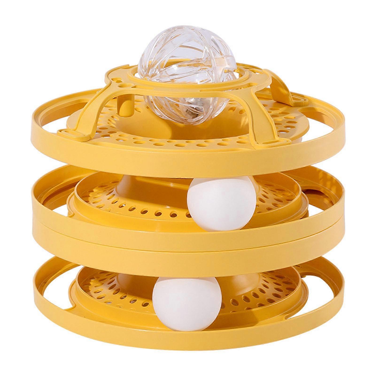 Interactive Cat Toy Ball Three Layer Track Tower Turntable Circular Track with Moving Ball Yellow