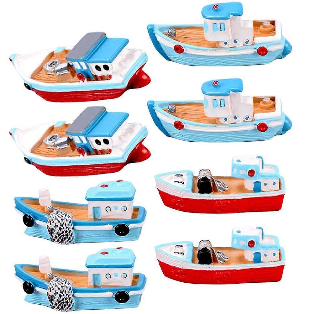 8pcs Mediterranean Style Resin Nautical Boat Models Miniature Fish Boat Figurines for Home Decor Realistic Design Unique Craftsmanship