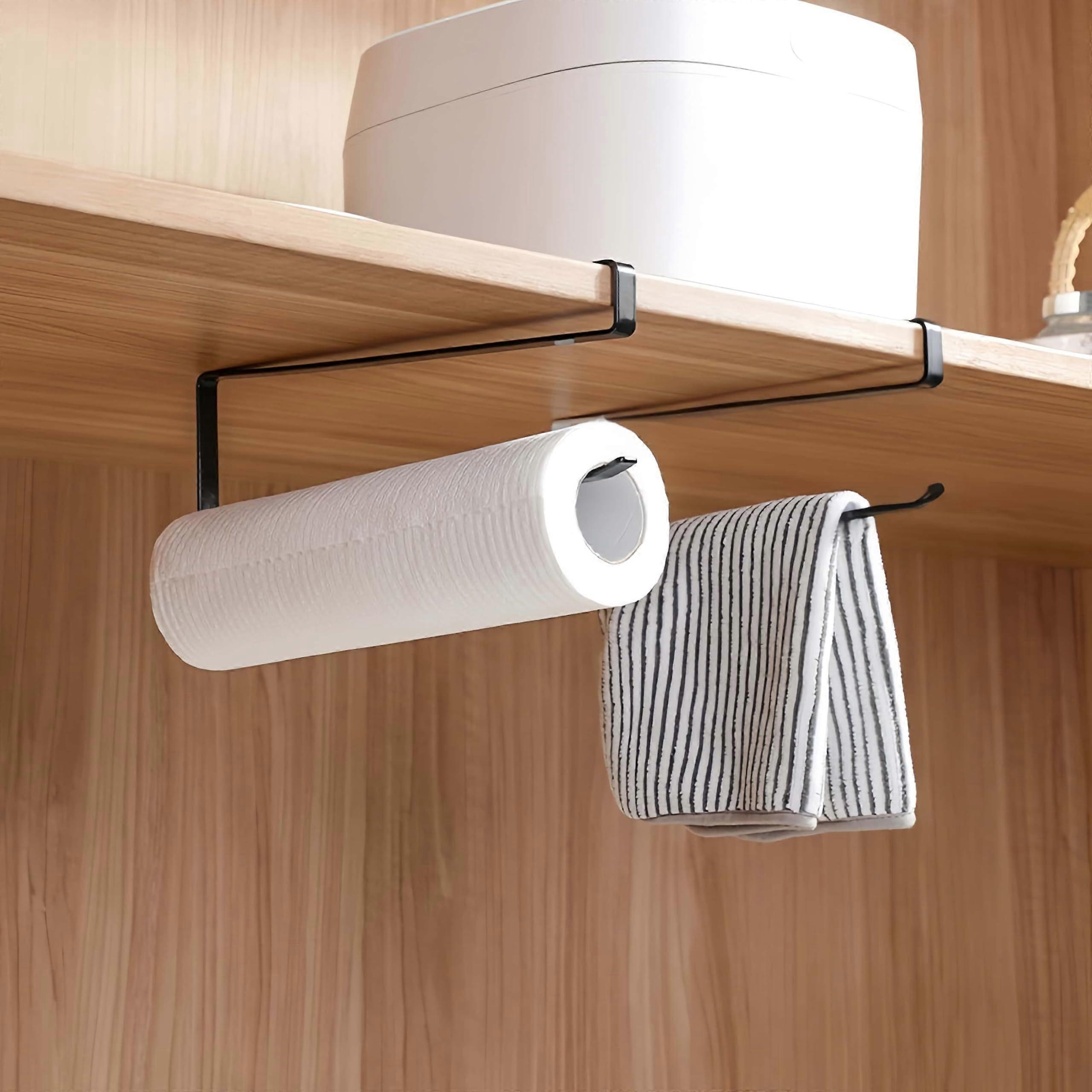 Under Cabinet Paper Towel Holder - 2 Pack Black Metal Kitchen Dispenser No Drilling No Glue Under Counter Storage Solution