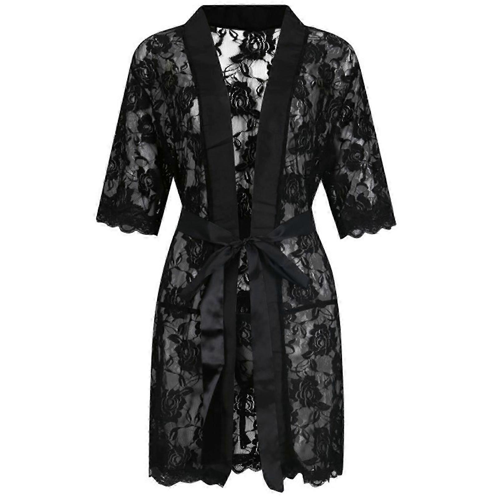 Men's Floral Lace Lingerie Bathrobe See Through Naughty Pajamas Suit Mesh Perspective Temptation Nightgown with G-String Black L