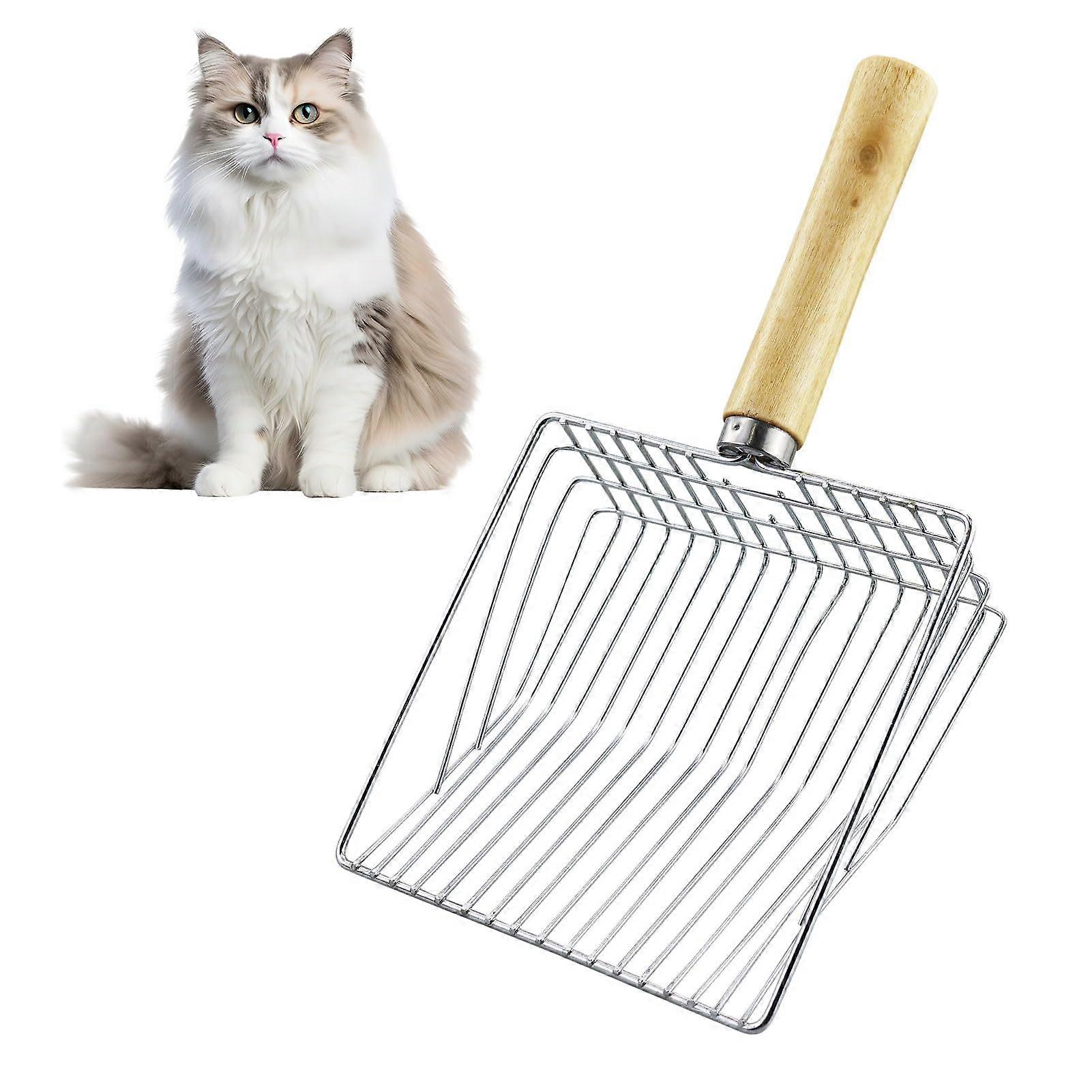 Metal Cat Litter Scoop with Wooden Handle, 7 mm Hole Spacing, 28 cm Length, Litter Box Scoop for Cat Litter Tray