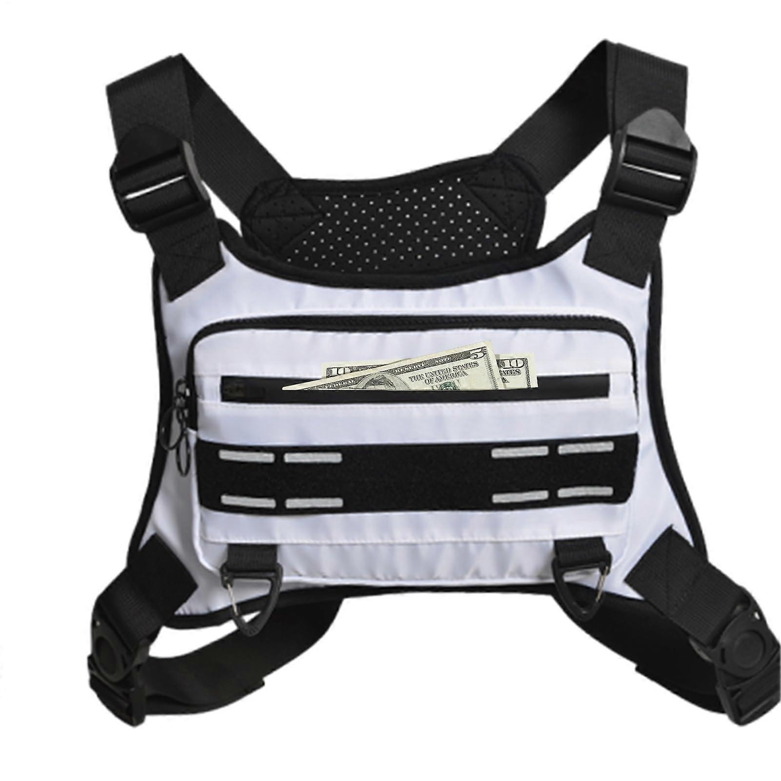 Running Chest Pack  Waterproof, AntiBounce, Lightweight with Reflective Details, Adjustable Fit, Multiple Pockets, White