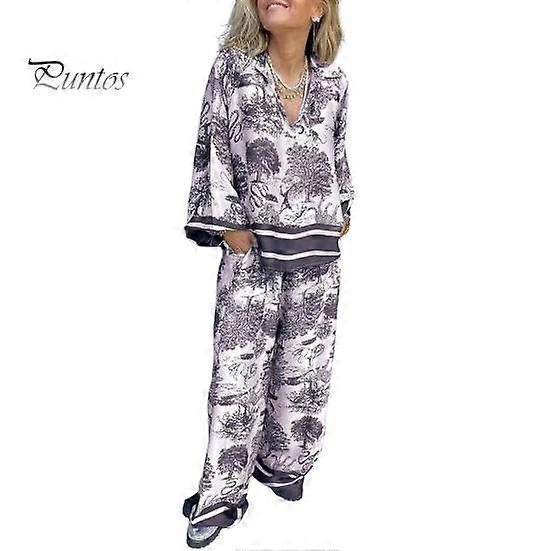 2 Pcs/Set T-shirt Pants Set Floral Print V Neck Long Sleeve Bohemian Striped Top Wide Leg Elastic Waist Pockets Trousers Lady Casual Clothes