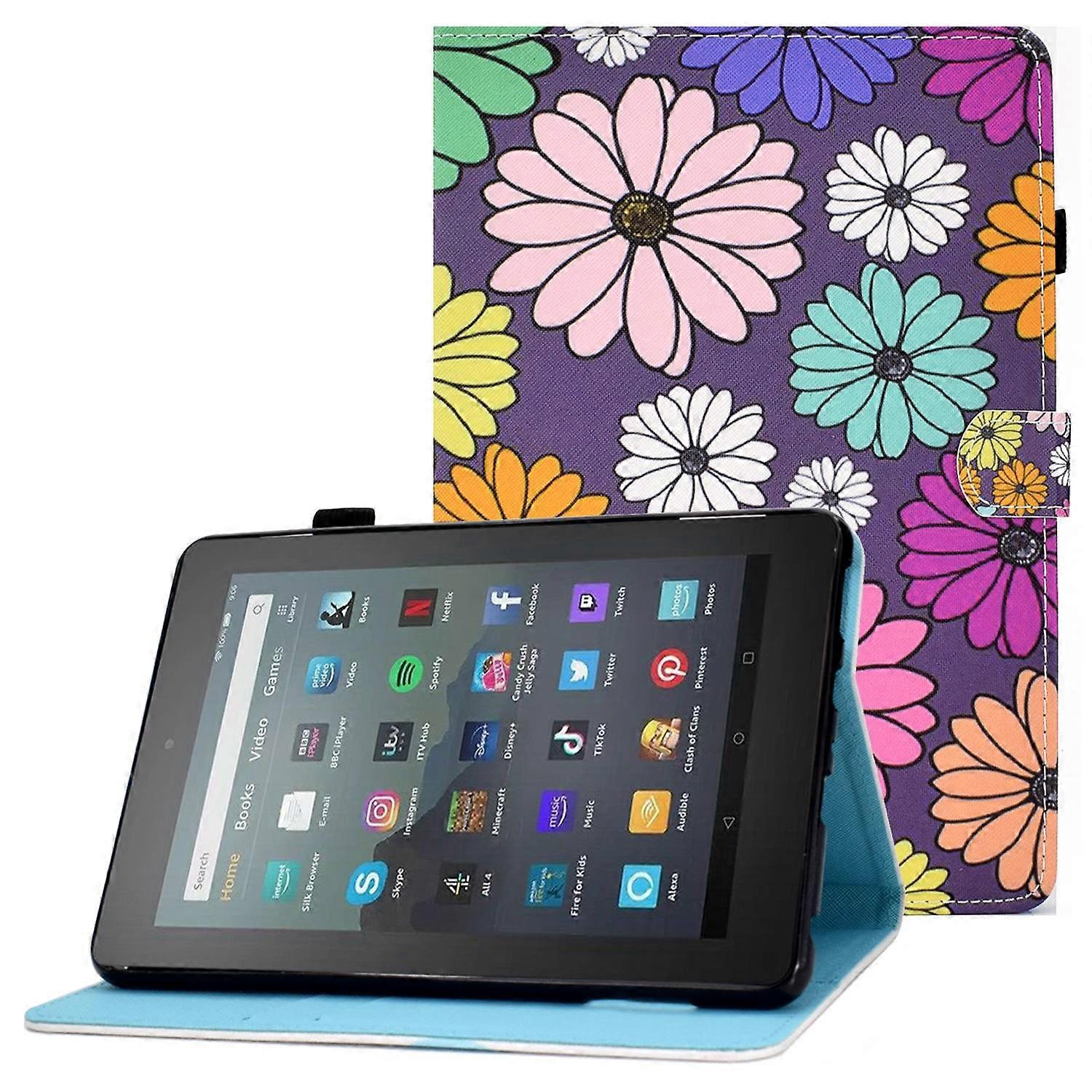 TKdaddy Adjustable Stand Tablet Case for Amazon Fire 7 (2022), Stitching Pattern Printing PU Leather Card Holder Protective Cover Daisy
