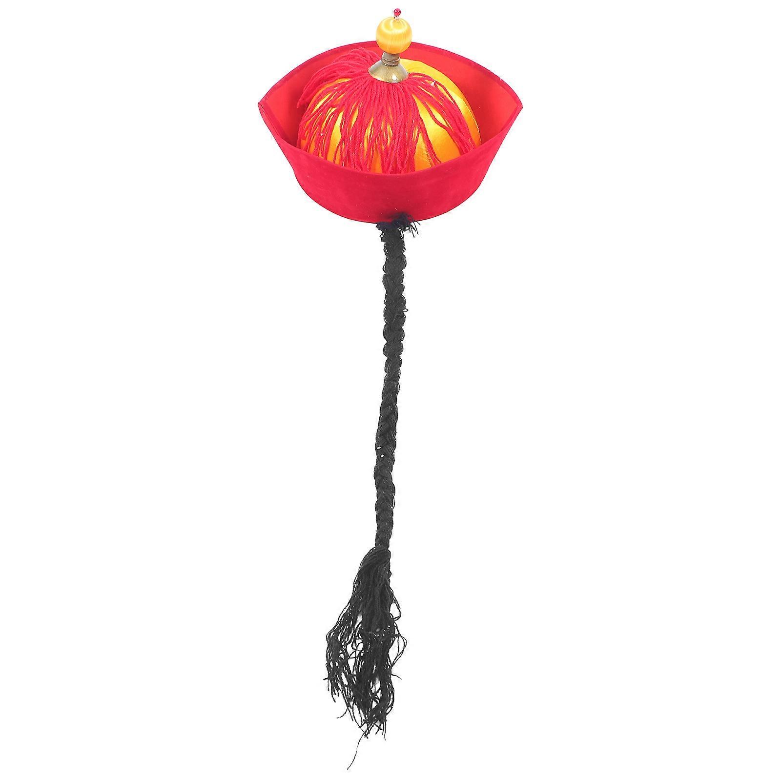 Ancient Chinese Emperor Hat with Braided Ponytail Retro Oriental Cosplay Headwear Traditional Qing Dynasty Style Party Performance Prop