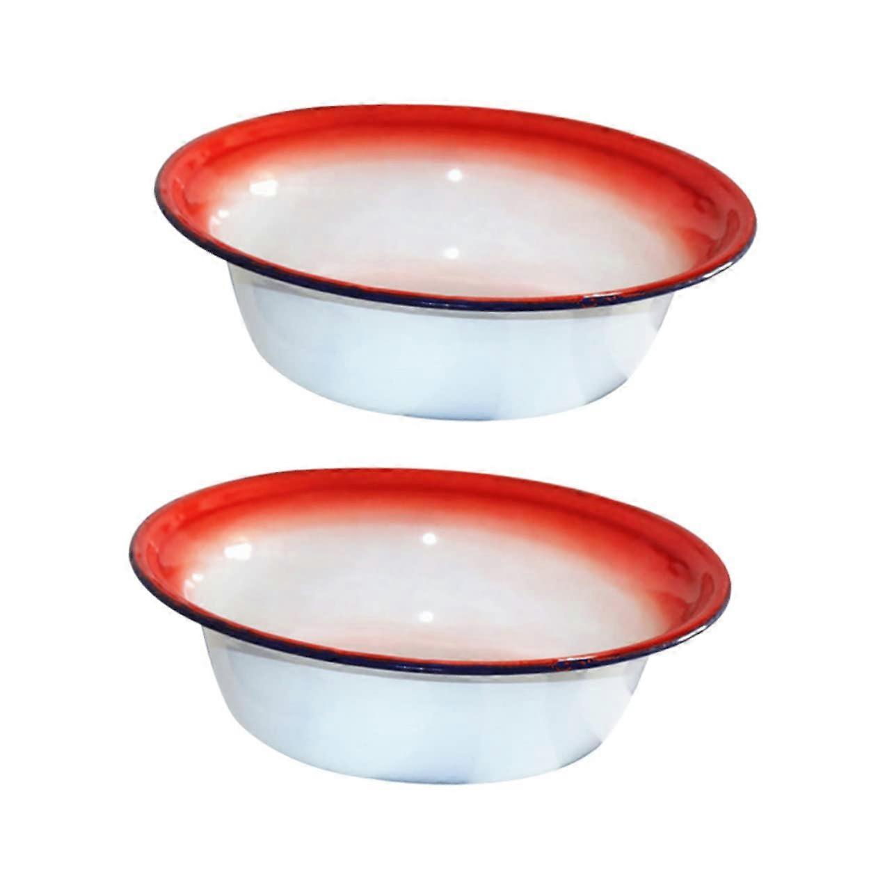 Vintage Enamel Soup Bowls Set of 2, Durable Household Bowls for Rice, Fruits, and Vegetables, Random Design with Non-Slip Base