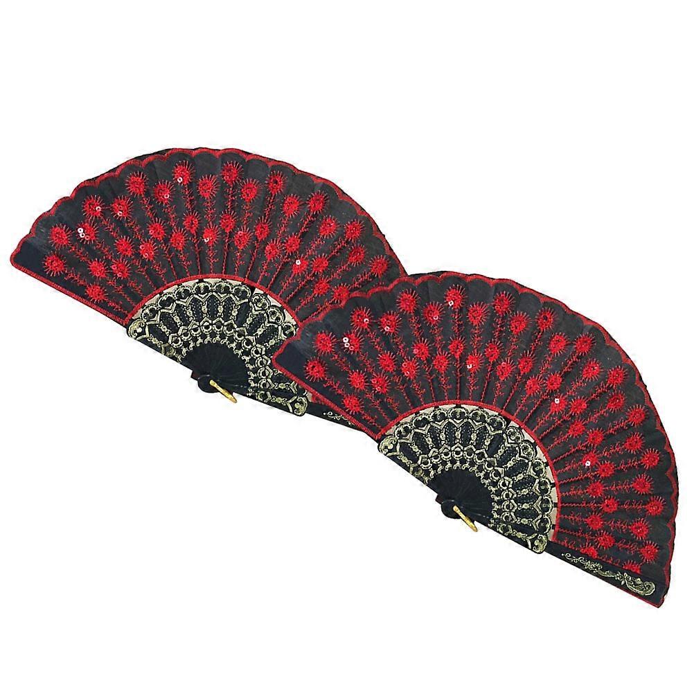 2pcs Handheld Embroidered Folding Fans, Antique Red, Vintage Style Decorative Craft Fans for Summer Events and Home Decor