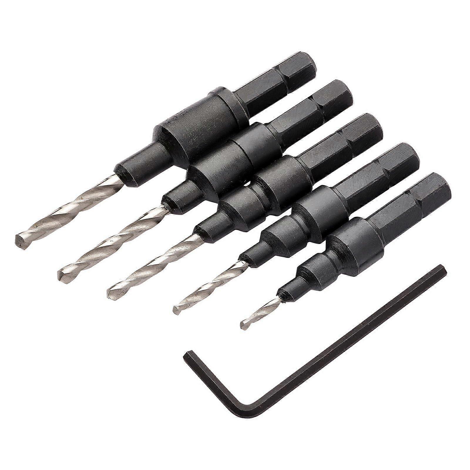 5piece countersink drill bit set – 12431 – combined center drill and countersink, HSS, quickchange, 6.35 mm hex shank