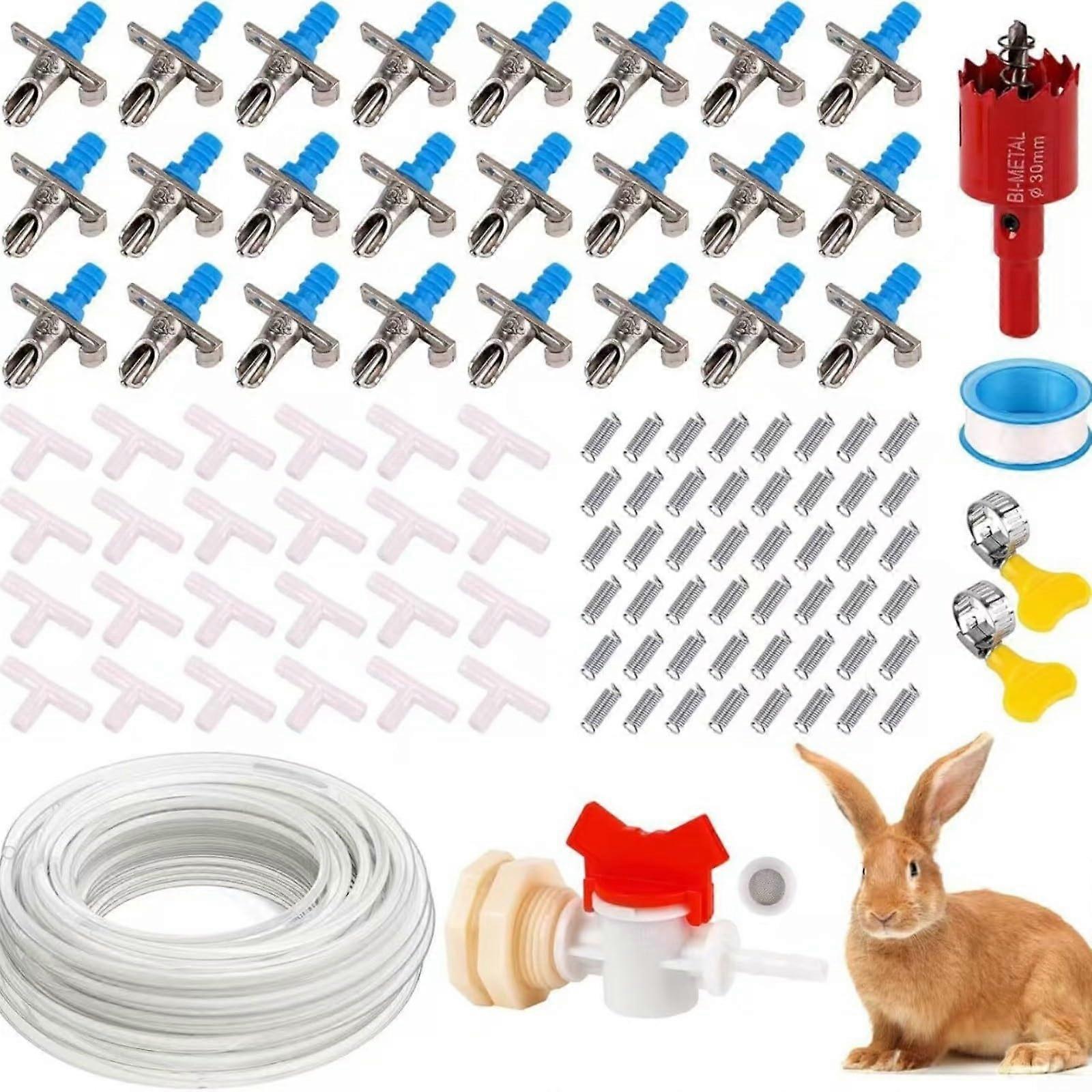 Professional Rabbit Water Bottle with Double Spring Spout, Automatic Drinking Fountain System, Blue Plastic, 24-Piece Set for Rabbit Cage Installation