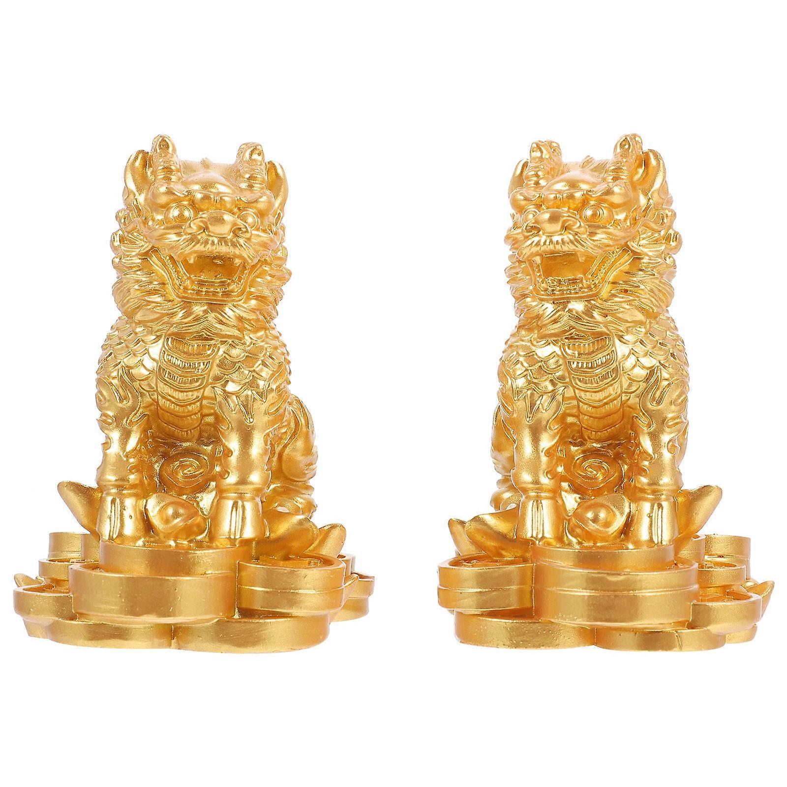 Resin Animal Charms Household Desktop Decoration Study Golden Resin Kylin Figurine Wealth and Prosperity 1Pair