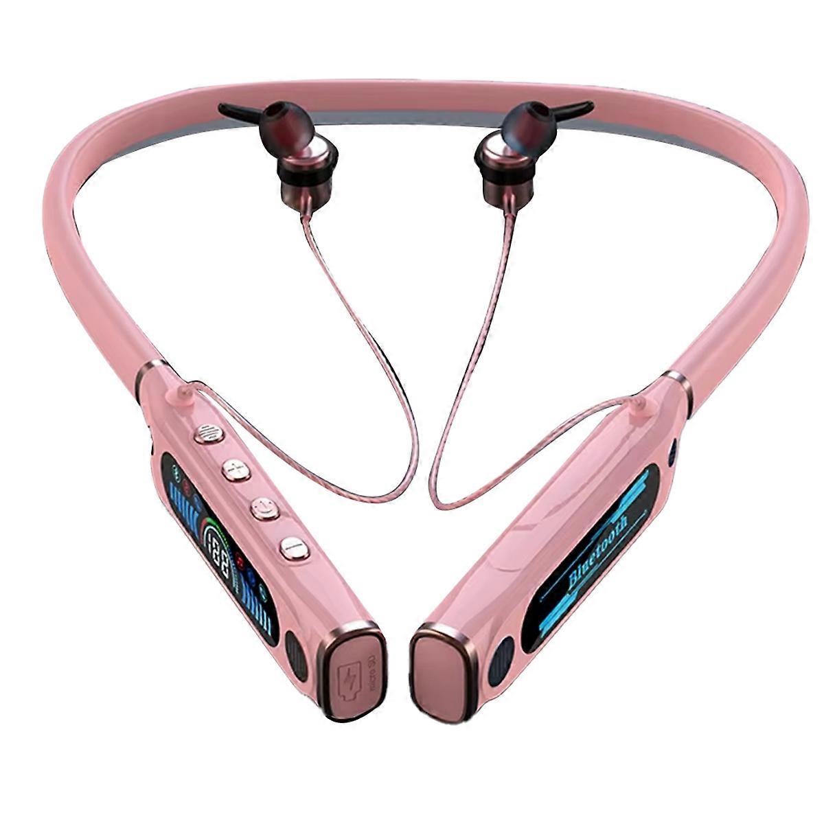 Extra Long Playback Sports Earphone Bluetooth with Microphon Neck Hanging Running Stereo Lcd Display Headset Pink