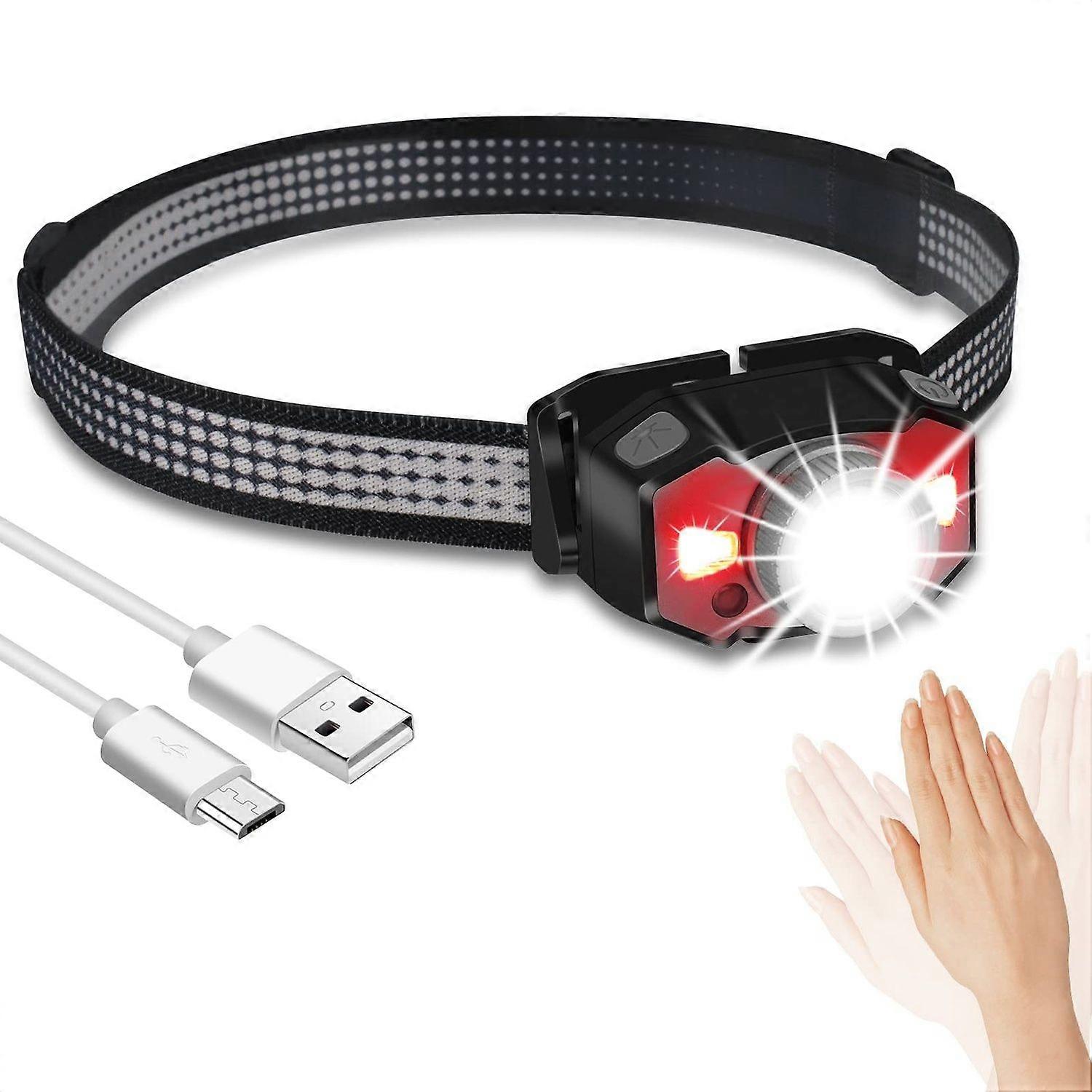 Head Torch Rechargeable Red White Light LED Headtorch 5 Modes Motion Sensor Headlamp Adjustable IPX4 Waterproof Headlight for Kids Adults Camping Runn