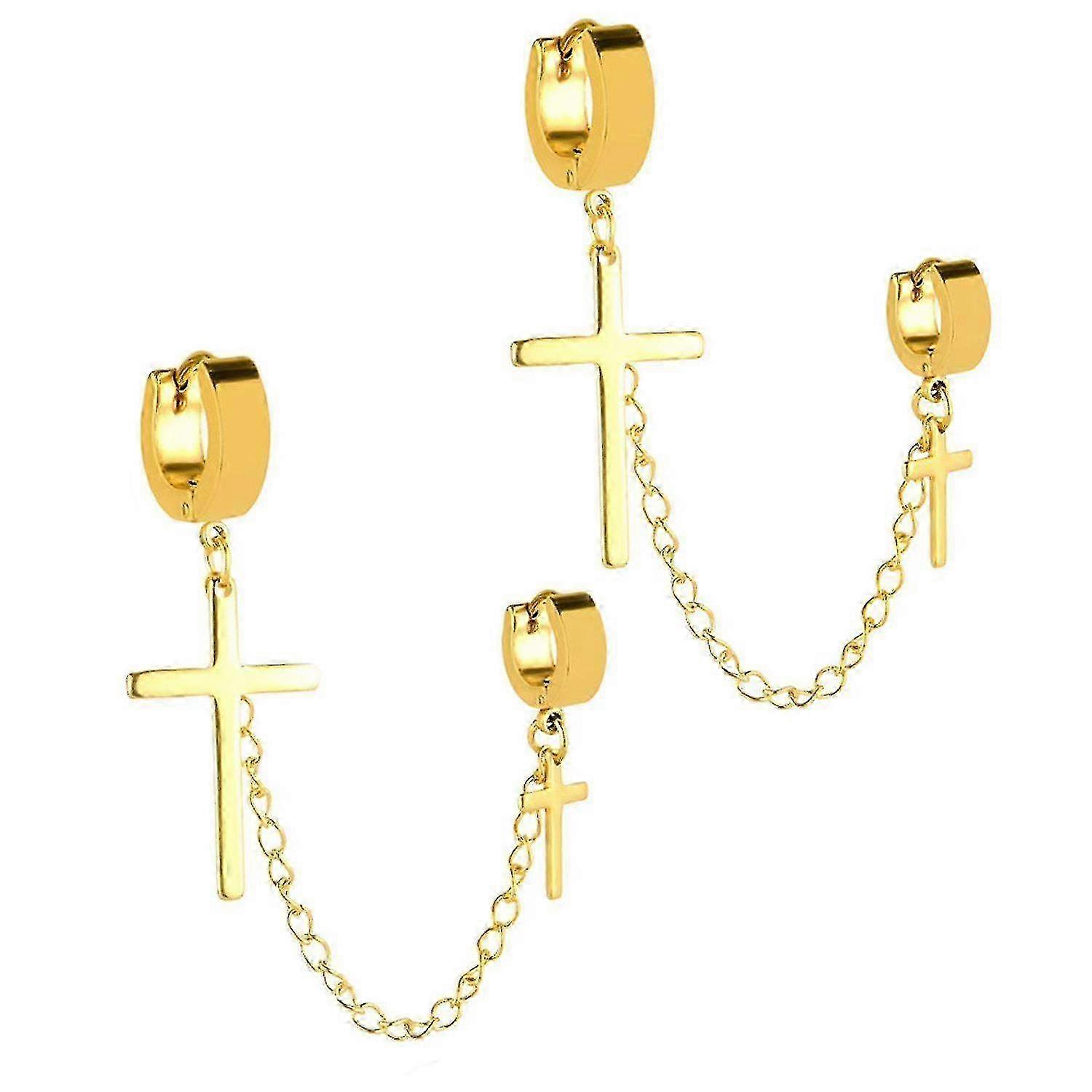 Goldene Doppelkreuz-Ohrhänger für Herren, 2er-Set aus Edelstahl