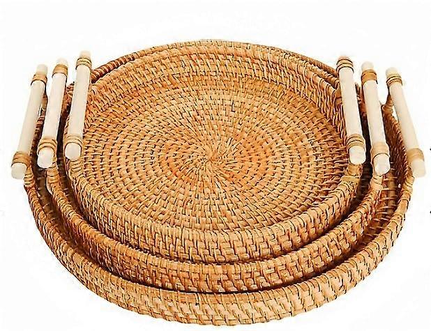 3-in-1 Rattan Tray With Rattan Storage Basket And Lift-Ear Handles For Bread, Fruit And Snacks, Picnic Serving Tray