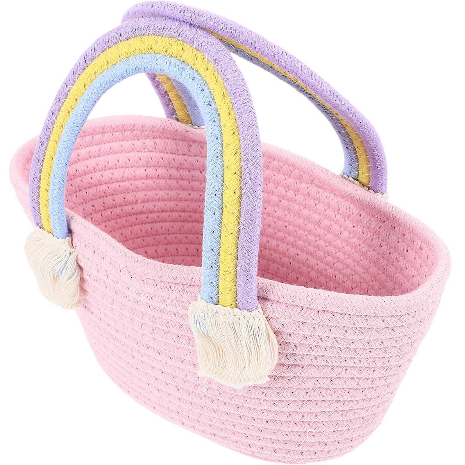 Pink Woven Rainbow Handle Bag Portable Storage Bag Handwoven