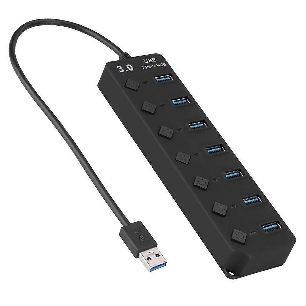 7-port USB 3.0 Hub 5GB/S High Speed with Key Switch Power Adapter USB HUB for PC (Black)