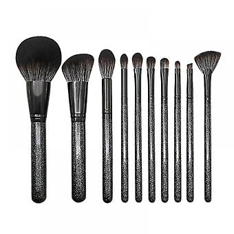Veeki 10Pcs Glitter Powder Black Wooden Handle Makeup Brush Set, Beginner Loose Powder Eye Shadow Highlighter Brush Makeup Beauty Tool