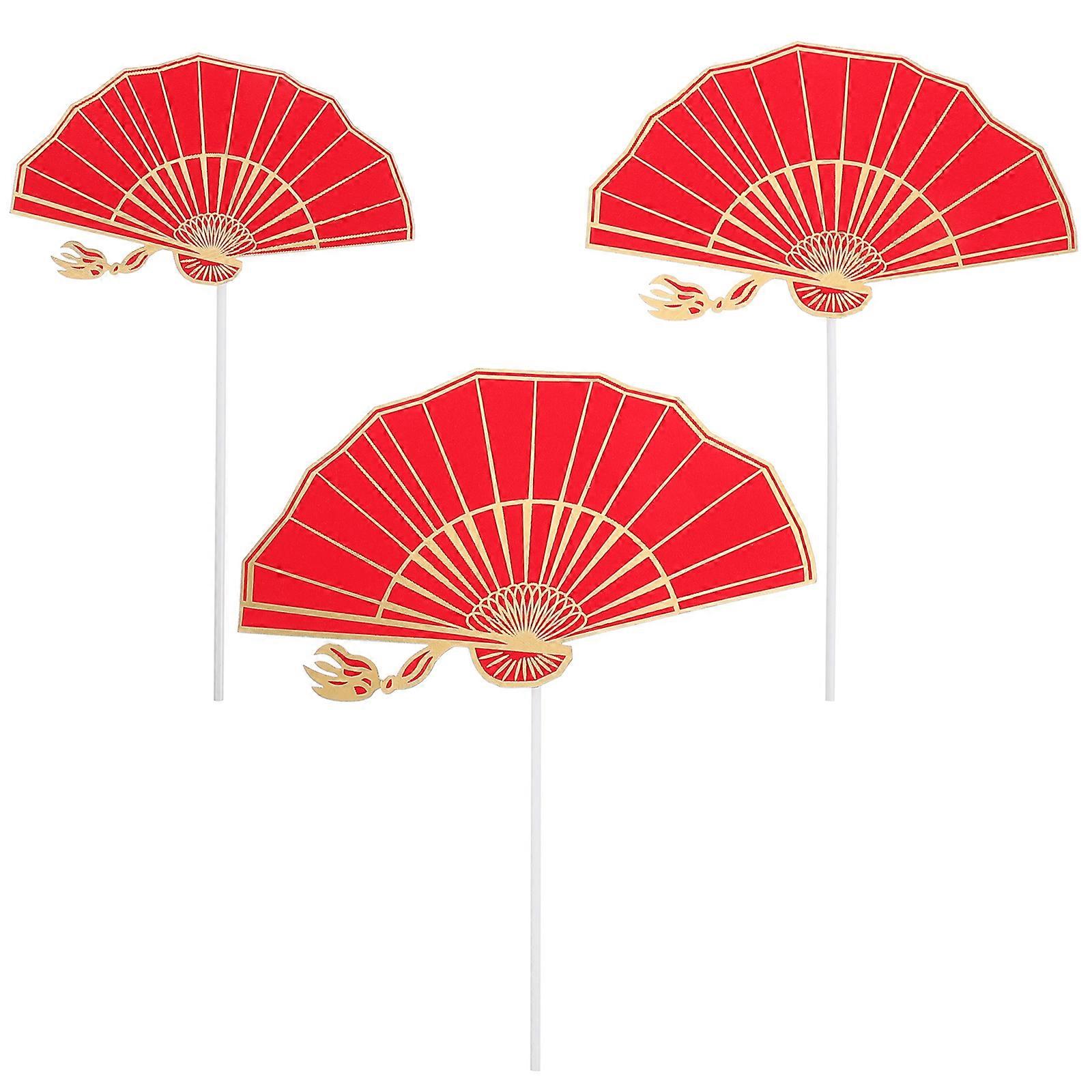 Fan Shape Cake Decorations for Decor 5Sets Chinese Style Red Paper Plastic