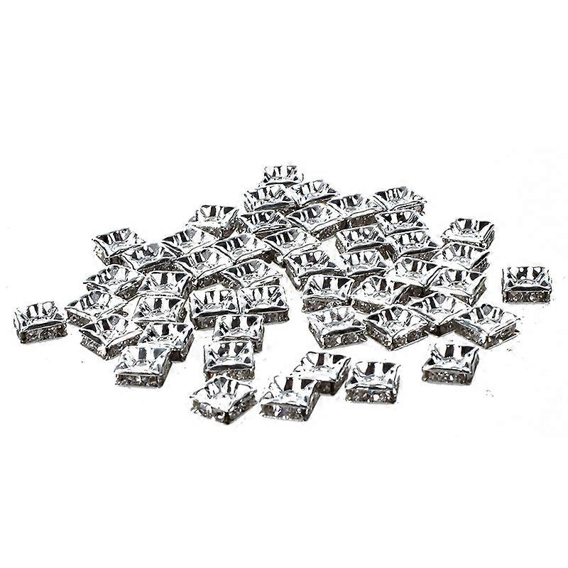 50pcs Silver Square Rhinestones Rondelle Spacer Beads
