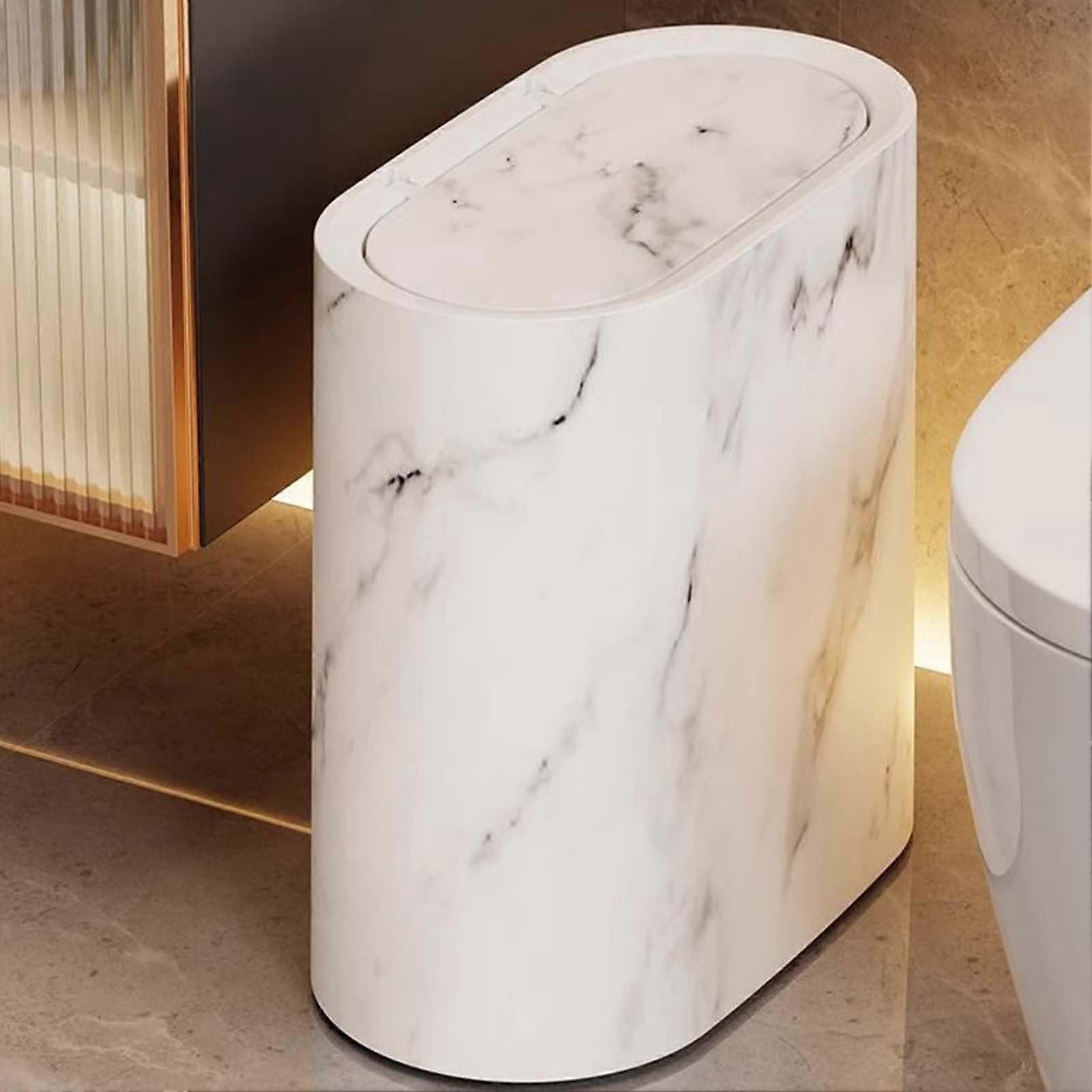 Waste Basket Bathroom Trash Can With Lid Marble Wood Pattern  Waste Bin For Kitchen, 29.5 X 29 X 16 Cm, White