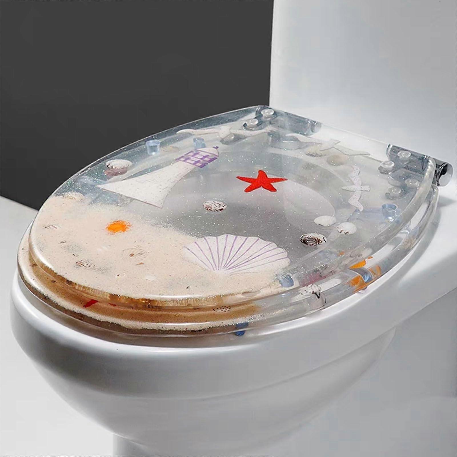 Resin Toilet Seat Transparent Silent Thickened Shock Absorption 42 x 36 cm Ocean Beach Pattern Slow Down Quick Release