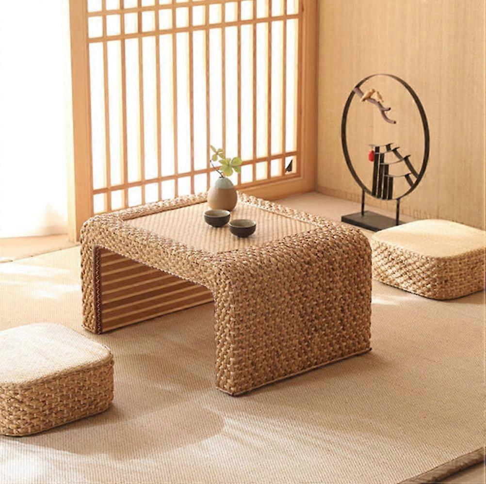 Rattan Coffee Table Portable Low Table For Floor Sitting Rustic Tatami Dining Table 60x45x30 cm