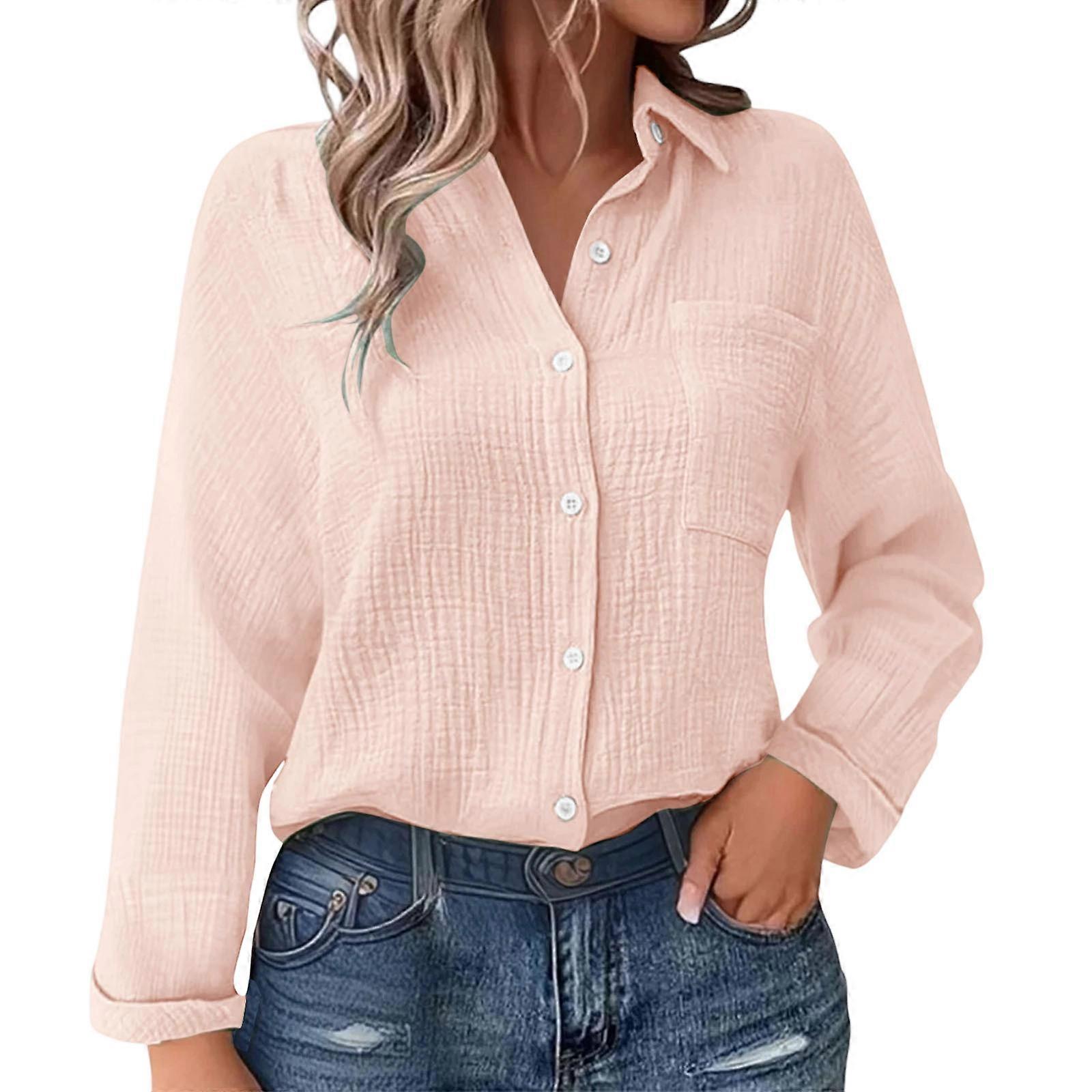 Breathable Plain Color Womens Office Blouse Polyester Longsleeve Top Single Breasted Button Down Design Collared Shirt  PK XL