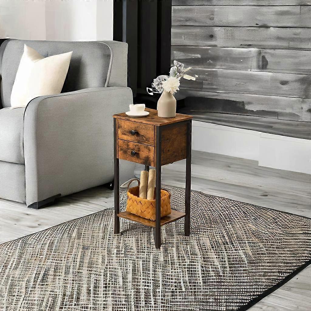 Slim Industrial Bedside Table With 2 Drawers