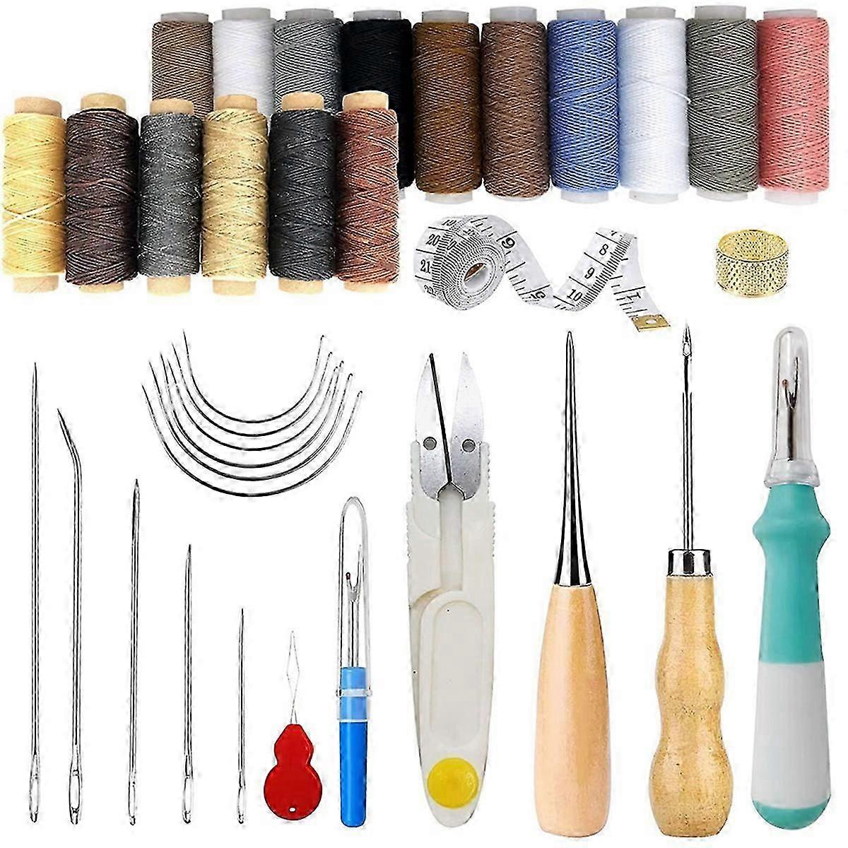 34Pcs Basic Leather Sewing Kit Waxed Thread Cord Awl Seam Tools