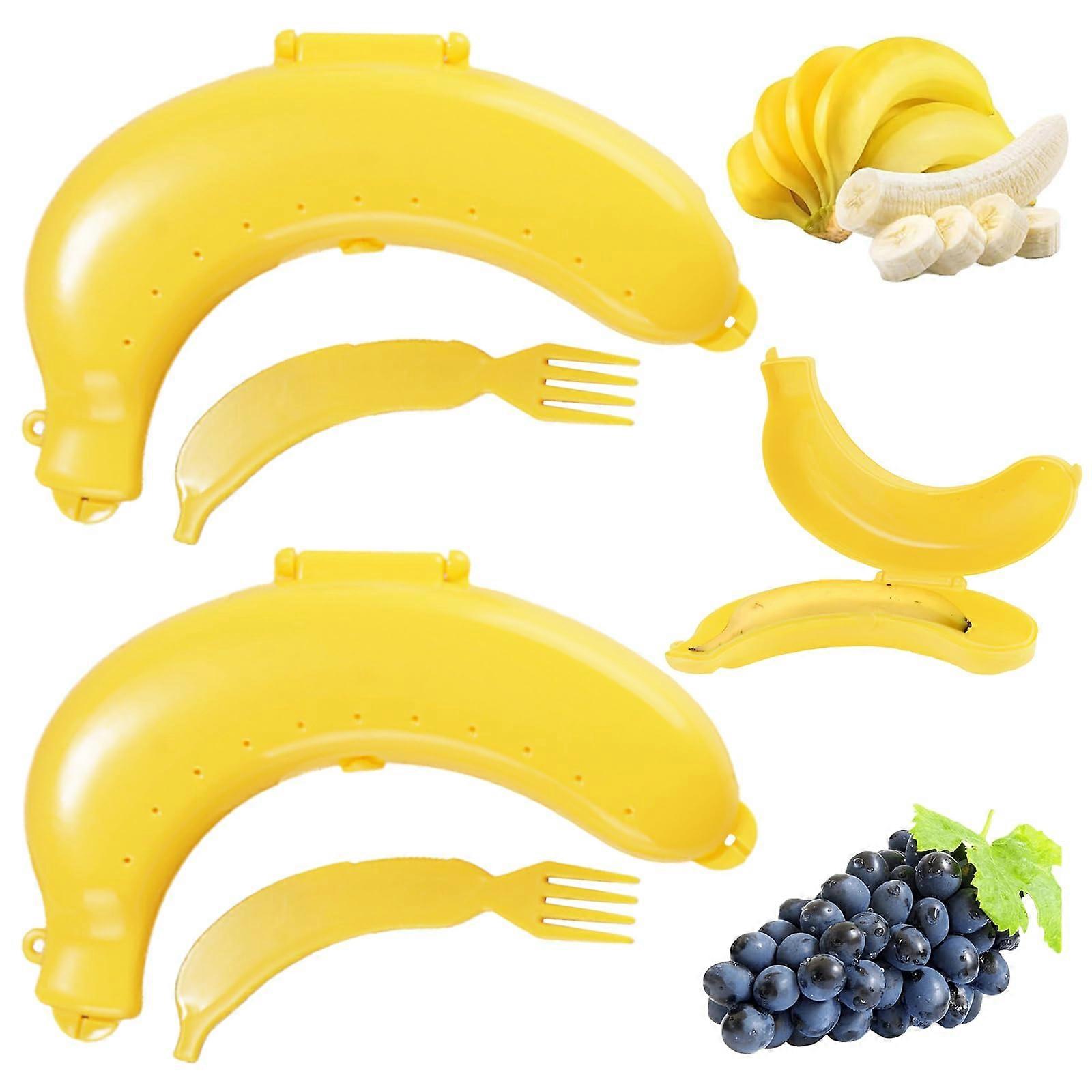 Banana Case 2 Pcs Reusable Yellow Banana Holder With 2 Forks, Food Storage Container For Fruit Sealing
