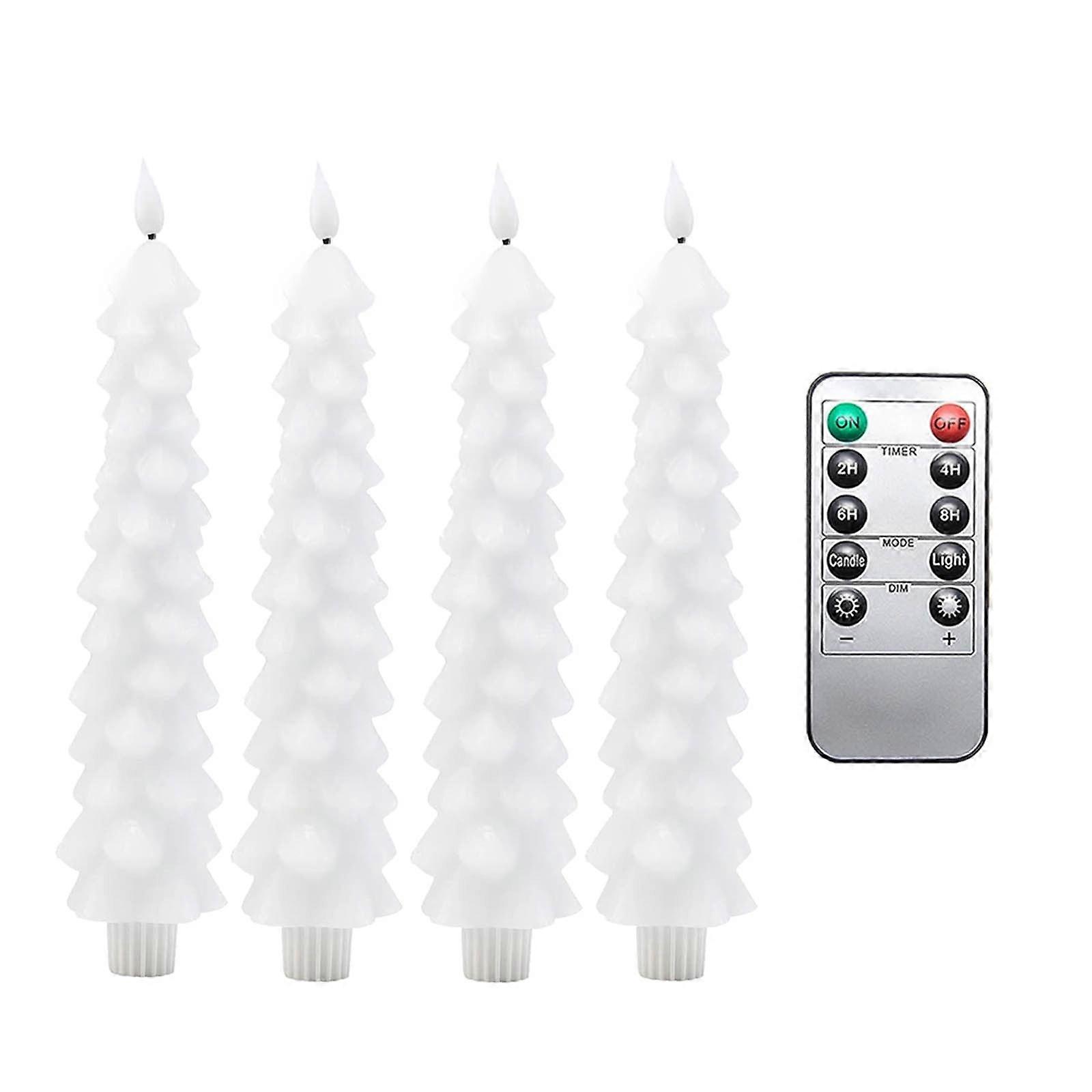 Flameless Taper Candles 4Pcs, Christmas Tree Shaped, Remote Controlled, Battery Operated Real Wax with 3D Flickering Flame for Fireplace