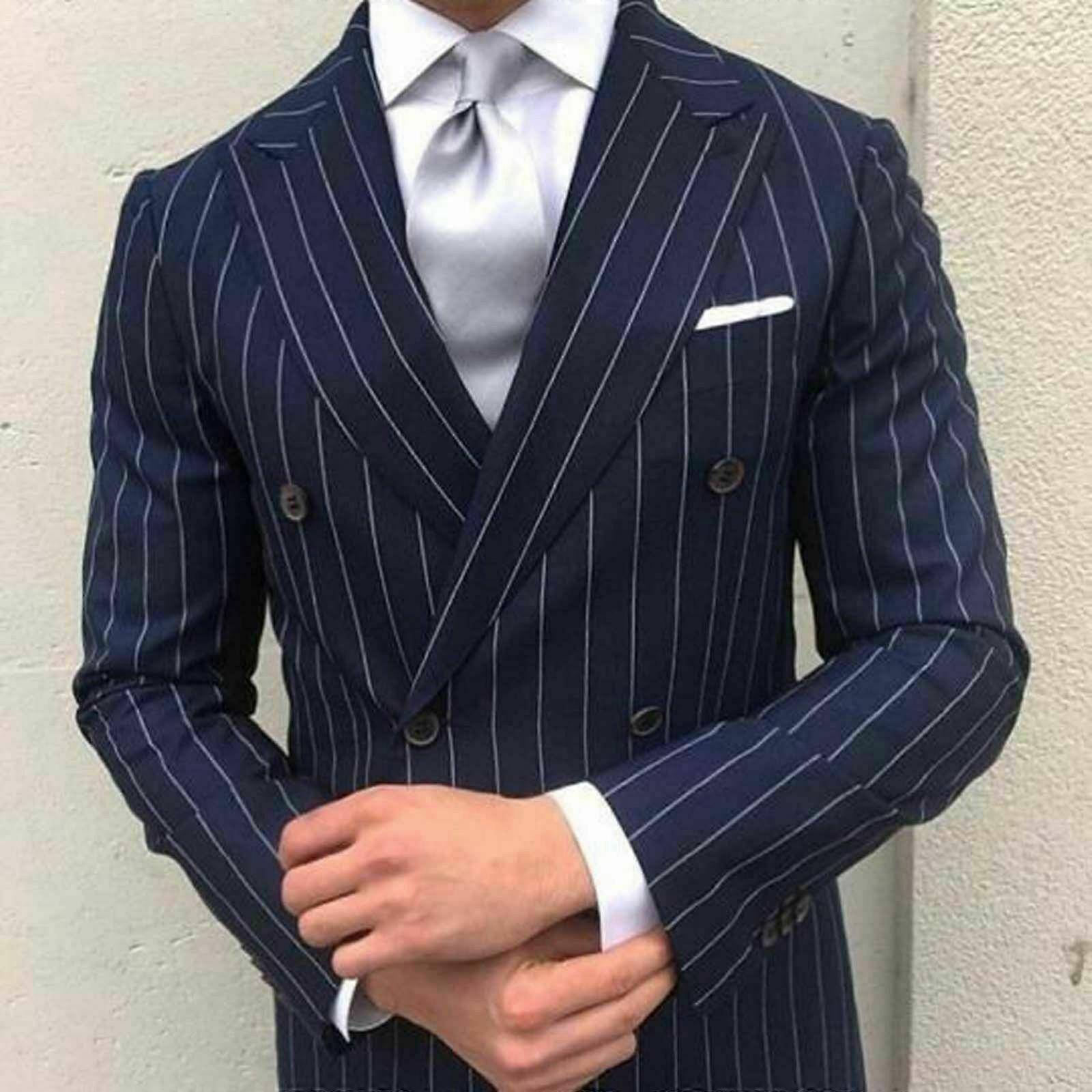 Navy Blue Men Striped Suits Double-Breasted Blazer Peak Lapel Jacket Custom Made