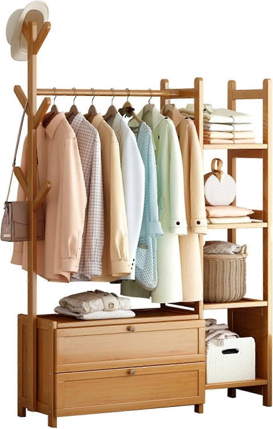 Bamboo Clothes Rack with Shelves and Hanging Rail, 12Tier Wardrobe Organizer with Shoe Drawer, 100cm