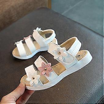 Flache Sandalen für Kinder, Mädchen, Prinzessinnen-Sandalen, offene Zehen, weiche Sohle, Blumenmuster, römische Strandschuhe