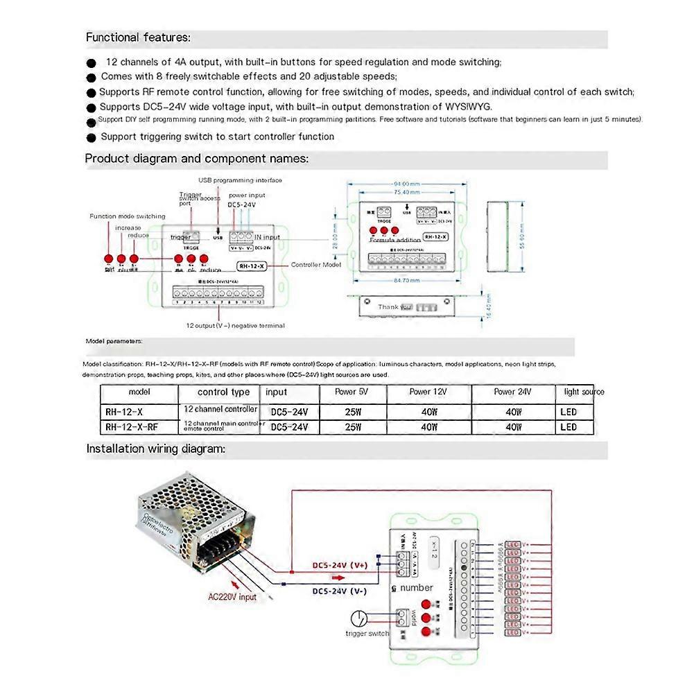 DC5-24V 12-Channel LED Controller Programmable Single Color RGB Controller with RF Remote Control