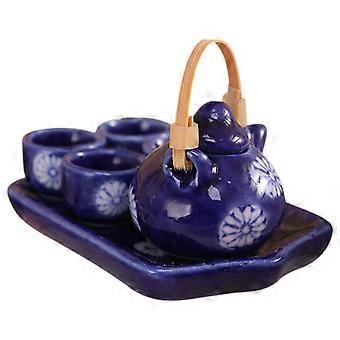 Mini House Tea Set Blue Ceramic Teapot and Cups for Doll Houses 5Sets