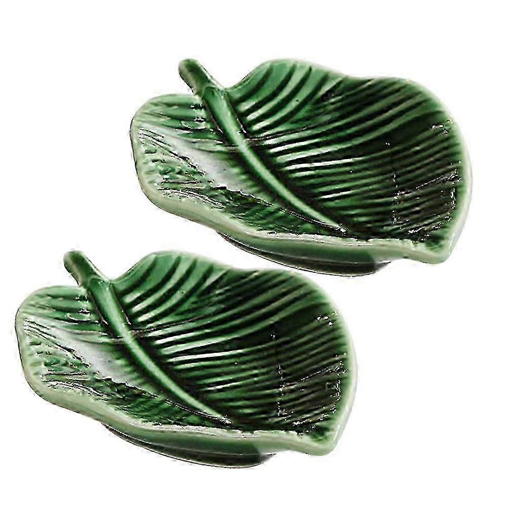 Green Leaf Shape Ceramic Plate for Storage Use 2Pcs Trinket Tray
