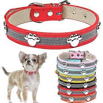 Reflective Dog Collar with Cute Paw Rivet Studded Funny Soft PU Leather Adjustable Puppy Dog Collars for Small Medium Large Dogs Cats Red X-Large (Pac