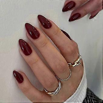 Dark Red Short Almond Press-On Nails, Flexible Soft Gel & UV Coating, 15 Sizes Kit