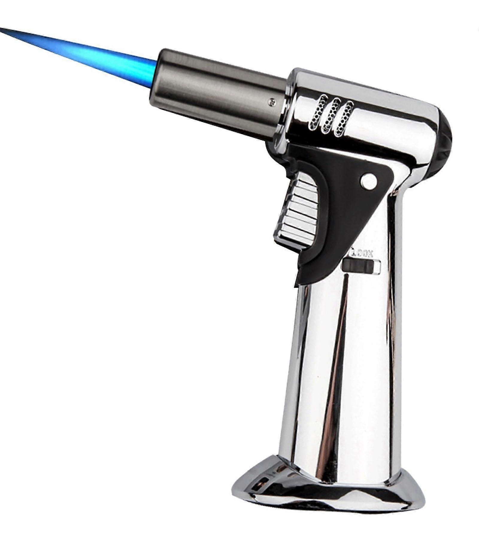 Butane Torch Lighter Windproof Adjustable Flame Refillable with Safety Lock for Camping Baking Silver